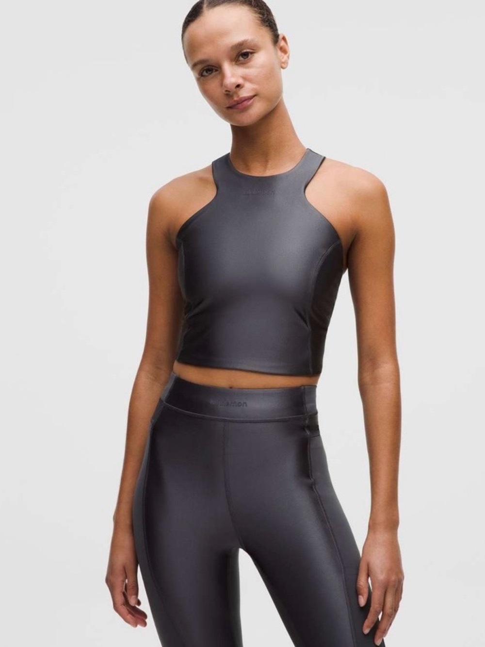 Lululemon Satin Shine Wordmark $78 Tank Top Medium Support, B/C Cup Coal